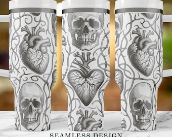 Gothic Skull and Anatomical Heart SVG, Seamless Horror Pattern for 40oz Tumblers, Laser Engraving Instant Digital Download