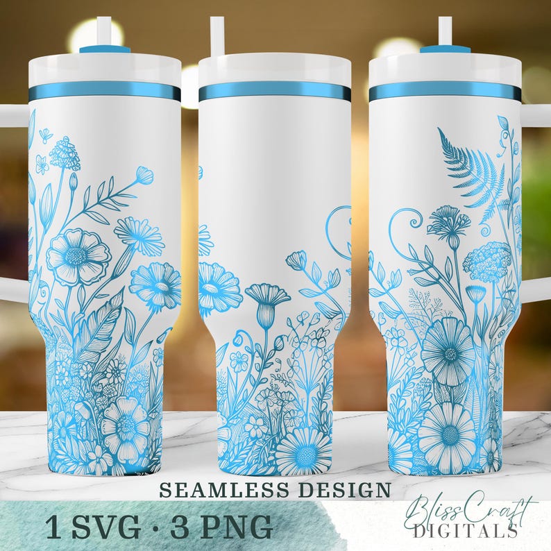 Seamless Floral Garden Wildflowers SVG, Custom name 40oz Laser Engraved Water Bottle, Engraved 40oz Wrap Design, Laser Full Wrap Design image 4