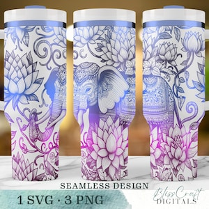 May include: A white tumbler with a seamless design featuring an elephant, lotus flowers, and ornate floral patterns in shades of purple and blue. The tumbler has a white lid with a blue rim. The text "SEAMLESS DESIGN" and "1 SVG • 3 PNG" are visible.