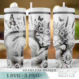 Cute Sleeping Cat with Flower Crown SVG, Seamless 40oz Tumbler Wrap for Laser Engraving, Floral Cat Cup Design, Instant Digital Download