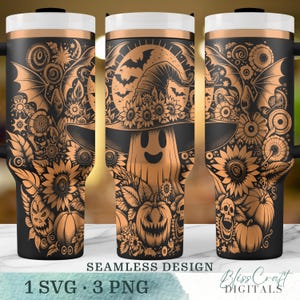 Lindos girasoles y calabazas fantasma SVG, envoltura de vaso láser de 40 oz con diseño de bruja de Halloween sin costuras PNG, diseño de taza grabado, descarga digital instantánea