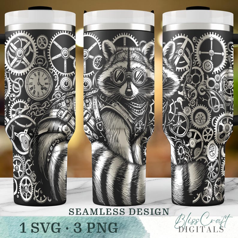 Laser Engraved Raccoon and Gears SVG, 40oz Tumbler Full Wrap Design ...