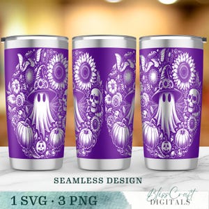 Lindos girasoles y calabazas fantasma SVG, envoltura de vaso láser de 20 oz con diseño de bruja de Halloween sin costuras PNG, diseño de taza grabado, descarga digital instantánea