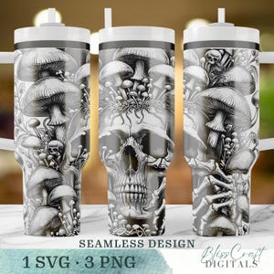 May include: A sublimation design featuring a skull with mushrooms and bones. The design is seamless and can be used for tumblers, mugs, or other items.