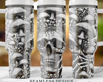 Pilz und Schädel SVG-Design, nahtloser Schädel und Pilz 40 Unzen Laser graviert Tumble Wrap, Full Wrap Laser Design, digitaler Download