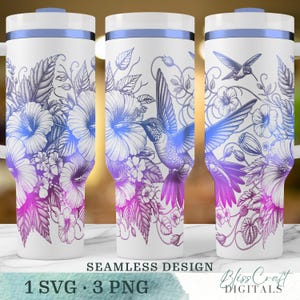 Hibiscus Hummingbird SVG, Seamless Wildflower 40oz Tumbler Wrap, Spring Garden Laser Engraving Design, Instant Digital Download