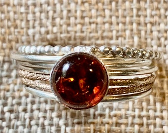 Amber and Silver wire Ring