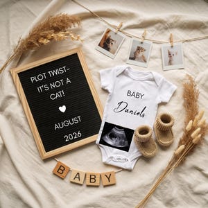 Puede incluir: Anuncio de bebé con un body blanco, una imagen de ultrasonido y botines de punto. Un tablero de letras dice "PLOT TWIST - IT'S NOT A CAT!" con el mes y el año. Bloques de madera deletrean "BABY" y tres fotos de gatos cuelgan.