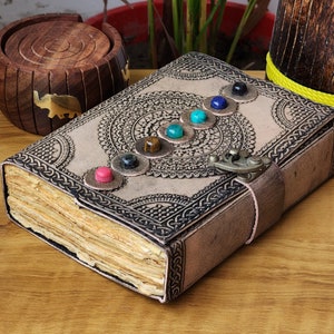 Seven Stone Chakra Handmade Journal, Writing Notebook, Book Of Shadow, Spell Notebook, Travel Notebook, Recipe Book, Leather Grimoire