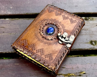 Handmade Leather Grimoire Journal: Lapis Lazuli Stone, Vintage Lock