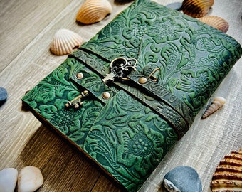 Green Floral Embossed Leather Journal |  Wrap around design