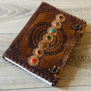 Seven Stone Handmade Black Leather Journal, Writing Spell Notebook, Leather Chakra Embossed Journal, Grimoire journal, book of shadows
