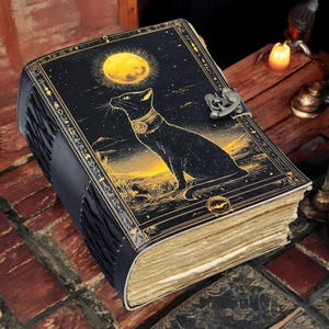 May include: A black leather journal with a decorative cover depicting a black cat beneath a full moon. The cover has gold detailing and a metal clasp. The aged pages are visible. The journal is on a wooden surface.