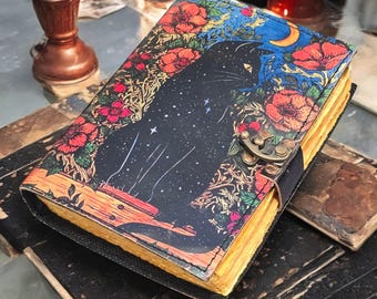 Black Cat Grimoire Journal: Leather Book of Shadows with Deckle Edge Paper
