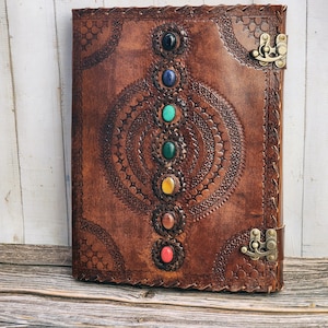 Sevan Stone Handbound Leather Journal,  Spell Notebook,  Book Of Shadow,  Leather Grimoire,  13x10 Inches