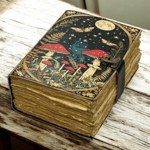 May include: A decorative journal with a black leather strap closure. The cover features a whimsical illustration of red mushrooms, butterflies, and a full moon against a starry night sky. The pages have a vintage, aged appearance.
