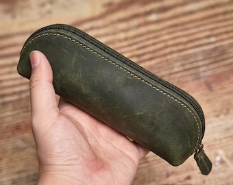 Estuche de cuero para lápices, bolsa de papelería vintage, estuche hecho a mano, estuche para bolígrafos con cremallera, estuche para artículos de papelería