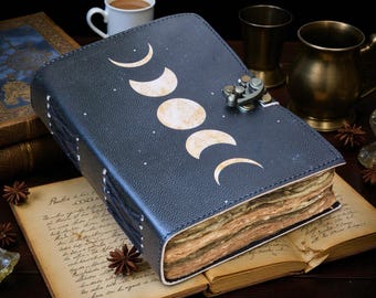 Moon Phases Handmade Leather Grimoire Journal: Spell Book, Book Of Shadows Witchcraft, Witchy Notebook