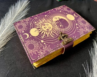 Sonne und Mond Vintage-Leder-Tagebuch, 200 Seiten aus antikem handgefertigtem Büttenrand-Vintage-Papier, Leder-Skizzenbuch, Buch der Schatten, Grimoire