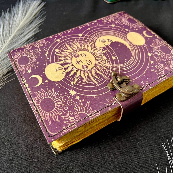 Sun and Moon Vintage Leather Journal 200 Pages of Antique Handmade Deckle Edge Vintage Paper, Leather Sketchbook book of shadows, grimoire