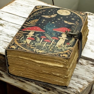 May include: A vintage-style journal with a detailed cover featuring red mushrooms, ferns, and butterflies under a starry night sky. The journal has a metal clasp and a black leather strap. The pages are aged, giving it a rustic appearance.