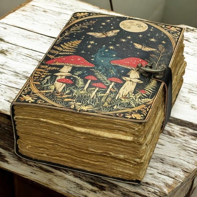 May include: A vintage-style journal with a detailed cover featuring red mushrooms, ferns, and butterflies under a starry night sky. The journal has a metal clasp and a black leather strap. The pages are aged, giving it a rustic appearance.