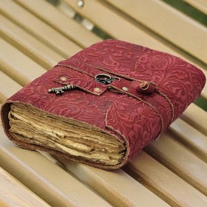 Red Floral Embossed Leather Journal: Wrap-Around Travel Notebook