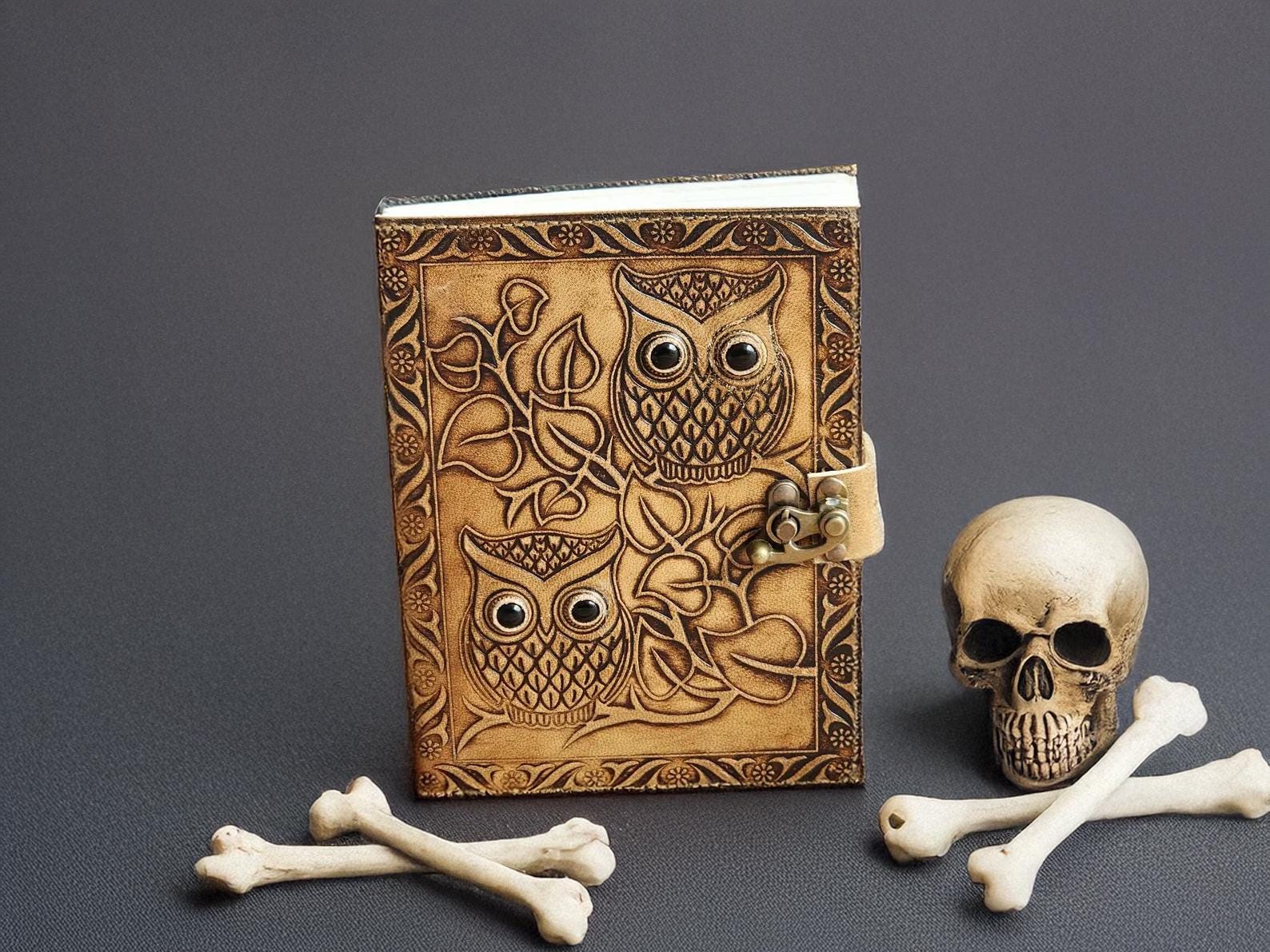 Handmade Leather Owl Journal: Gothic Grimoire Sketchbook with Lock