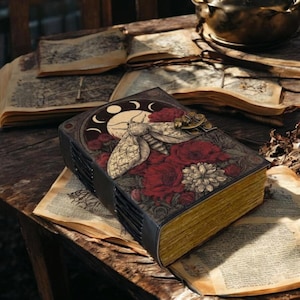 Op de afbeelding: Een decoratief notitieboek met een mot- en bloemenontwerp. De omslag heeft een motillustratie, rode rozen en een maan. Het notitieboek heeft een messing sluiting en goudkleurige randen. Andere open boeken staan op de achtergrond.