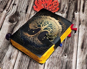 Tree of Life Leather Journal - Antique Handmade Deckle Edge Vintage Paper Leather Print Bound Journal - Book of Shadows for Men Women 7/5