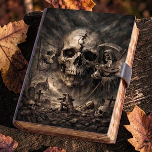 May include: A rectangular journal featuring a dark, detailed illustration of a large cracked skull, a hooded figure holding a scythe and hourglass, and a graveyard scene with tombstones and scattered skulls. The book has a metal latch closure.