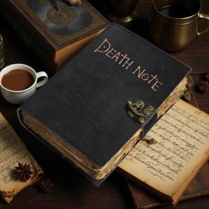 Peut inclure: Un journal en cuir noir avec les mots "DEATH NOTE" estampés sur la couverture. Le journal a des pages jaunies et vieilles et un fermoir décoratif. D'autres livres anciens et des tasses à café sont en arrière-plan.