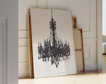 Gothic Chandelier Art Print, Black and White Giclee