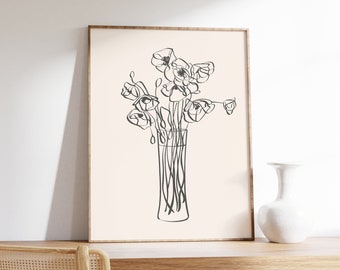 Poppies flowers, Giclee art print, Floral still life ink drawing | 0249