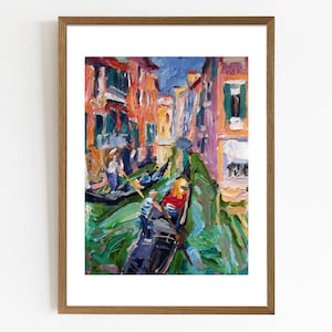 Venice wall art print, Colorful gondola painting, Italian travel poster, Impressionist cityscape decor