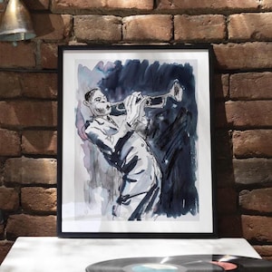 Arte mural de trompeta de jazz, dibujo a carboncillo, póster de música en vivo, decoración de bar de jazz, ilustración de músico, impresión de jazz moderno / 0275