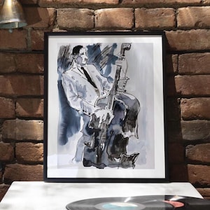 Jazz Double Bass Poster, Charcoal Ink Music Art, Upright Bass Wall Print, Jazz Bar Wall Decor, Musician Illustration | 0275