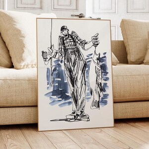 Stampa artistica giclée "Pescatore che cattura", schizzo da parete in bianco e nero, poster minimalista di pesca come regalo per papà / 0276