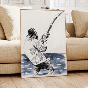 Stampa Giclée "Pescatore che combatte la preda", opera d'arte in bianco e nero sulla pesca, schizzo minimalista, regalo per papà / 0276