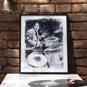 Arte mural de batería de jazz, dibujo a carboncillo, póster de música de percusión, decoración de bar de jazz, ilustración de baterista, regalo para el Día del Padre / 0275