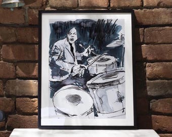 Jazz Drums Art Print, Charcoal Ink Drawing, Music Room Decor