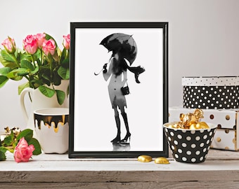 Woman with Umbrella Watercolor Art Print, Fashion Illustration