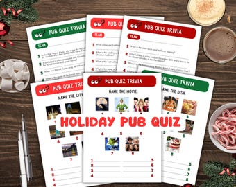 Puede incluir: Un juego de pub quiz navideño imprimible con ocho imágenes para cada ronda. Las rondas son: Nombra la ciudad, Nombra la película y Nombra el plato. El juego se titula "Holiday Pub Quiz".