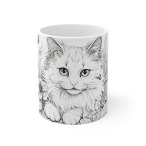 Black-and-White Botanical Cat Kitten with butterflies Mug Cup, Cat lover's Gift