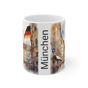 Watercolor Munich Germany landscape with German words and flag Mug cup 11oz