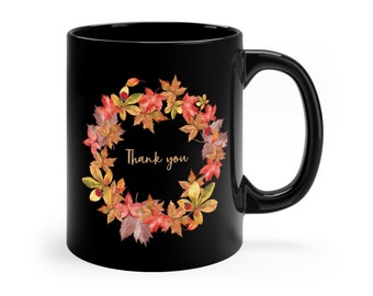 Thanksgiving Wreath leaves Black Mug, Autumn Fall Vivid color leaves mug cup, thank you