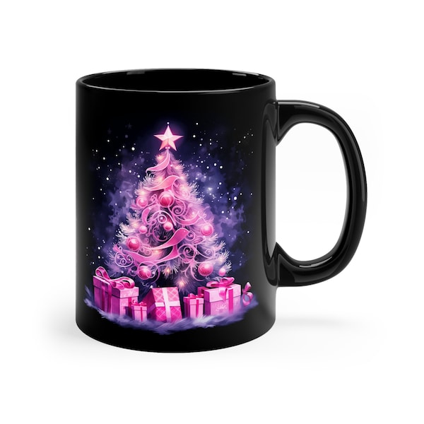 Pink Christmas Tree with snowflake and gift beautiful Black Mug, X'mas Gift Cup