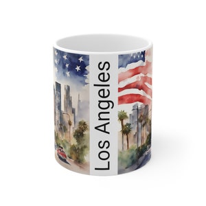 Watercolor Los Angeles USA landscape with a national flag Ceramic Mug cup 11oz
