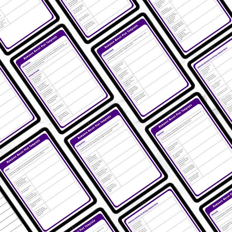 Pu&ograve; includere: Pi&ugrave; modelli digitali per scrivere la trama di un romanzo d'amore. Ogni modello &egrave; su uno schermo di tablet con un bordo viola e sfondo bianco. I modelli sono etichettati "Romance Novel Plot Template".