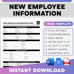 New Employee Information Form | New Hire Form Paperwork | HR Template | Employee Onboarding | Hiring Template
